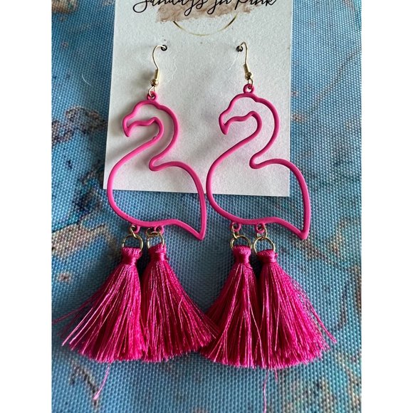 FLAMINGO Fringe Pink Statement Earrings NEW - Picture 2 of 3